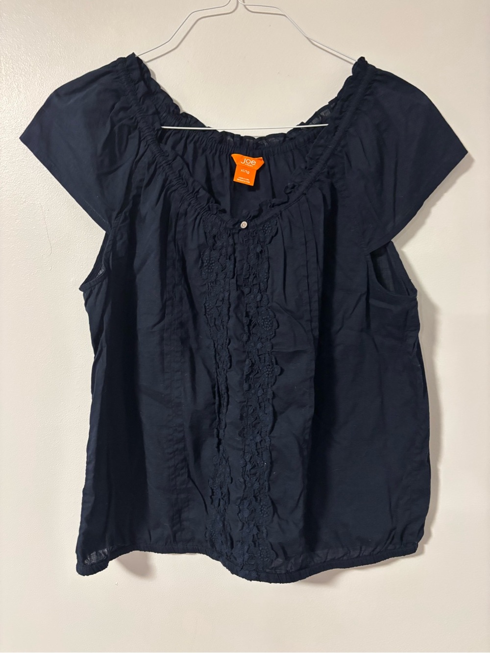 Joe Fresh Cotton Dark Navy Blue Lace Ruffle Short Cap Sleeve Tee Size XL